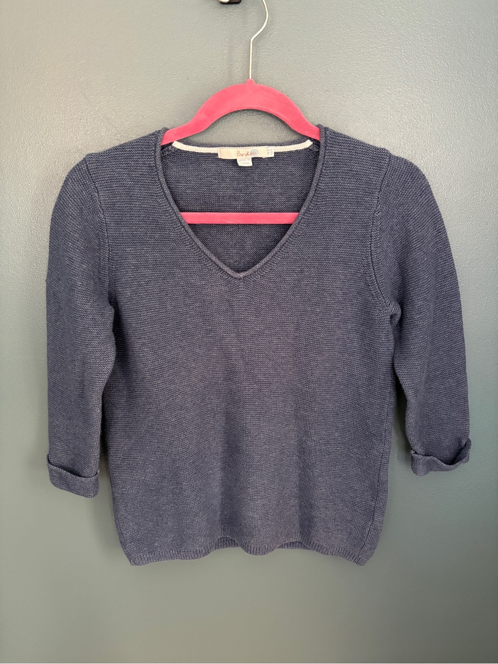 Boden Women’s Blue V-Neck 3/4 Sleeve Tight-Knit Cotton Pullover Sweater US 4